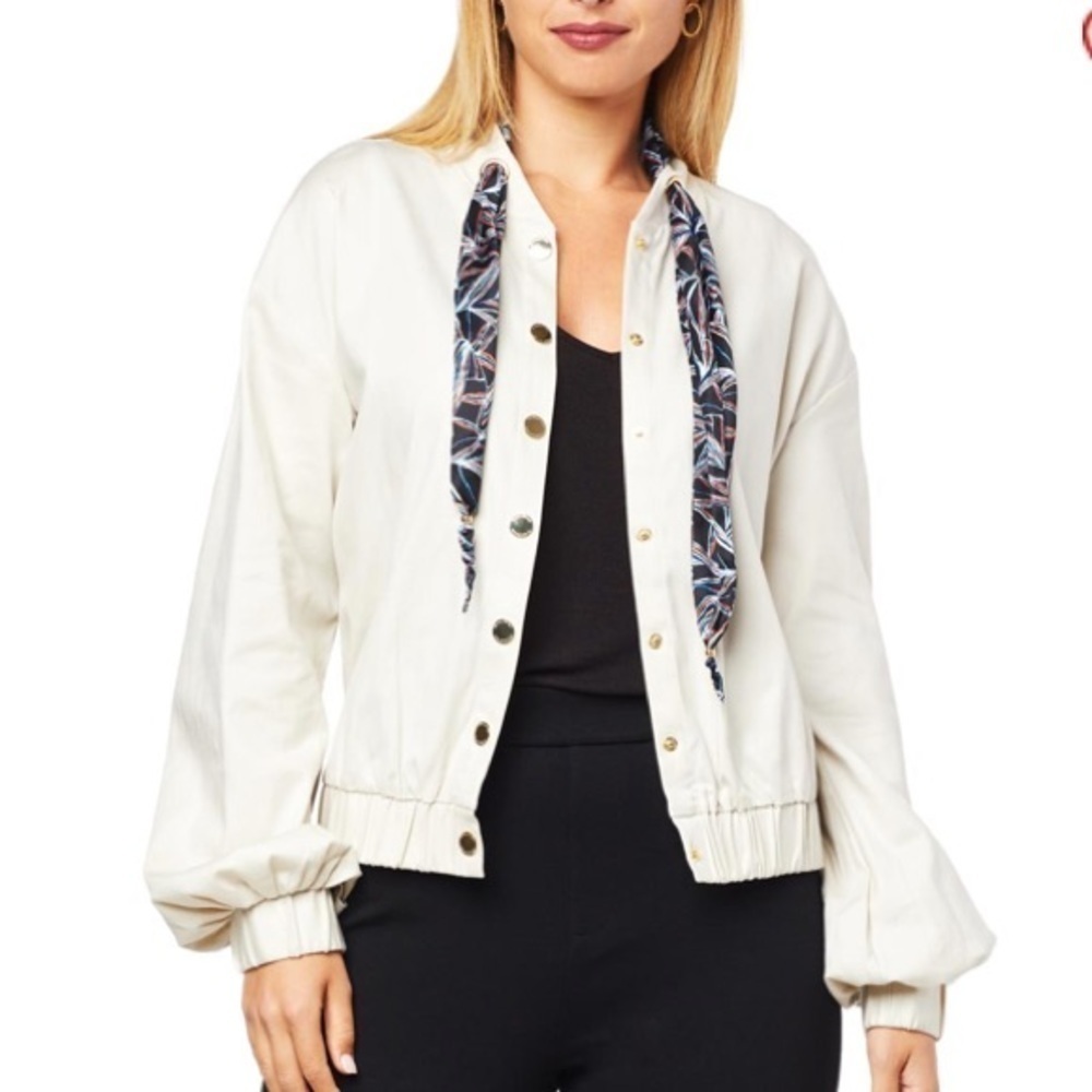 H Halston Calvary Twill Bomber Jacket with Removable Scarf Neck Tie in Stone